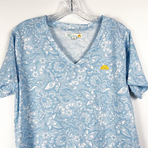 C&C California Blue Floral V Neck Top Logoed 100% Cotton Womens Size Small - Picture 4 of 12